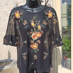 Anthropologie Maeve Embroidered Cadiz Sheer Floral Short Sleeve Top Keyhole Back